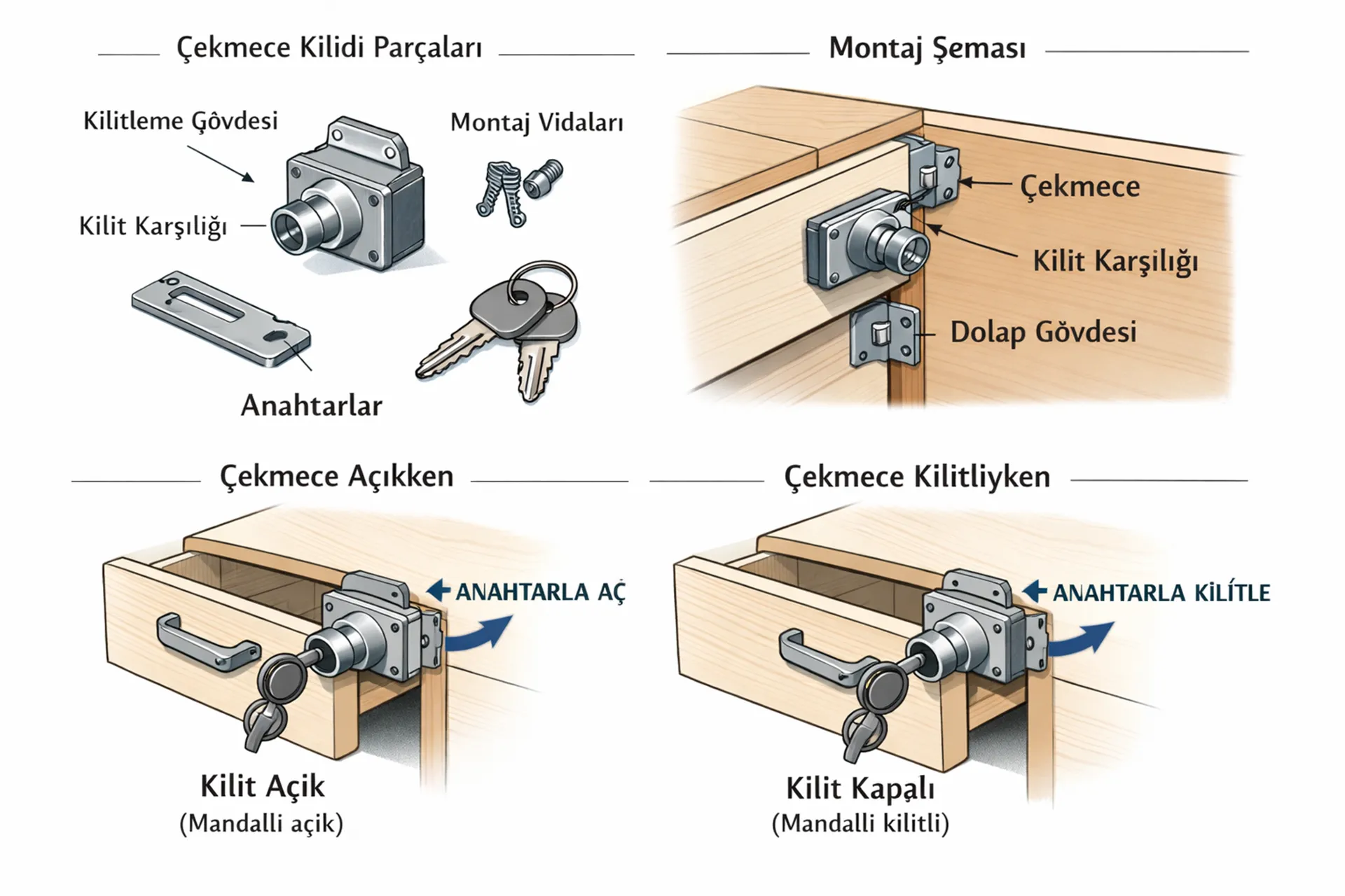 Birbirini Açarlı Çekmece Kilitleri